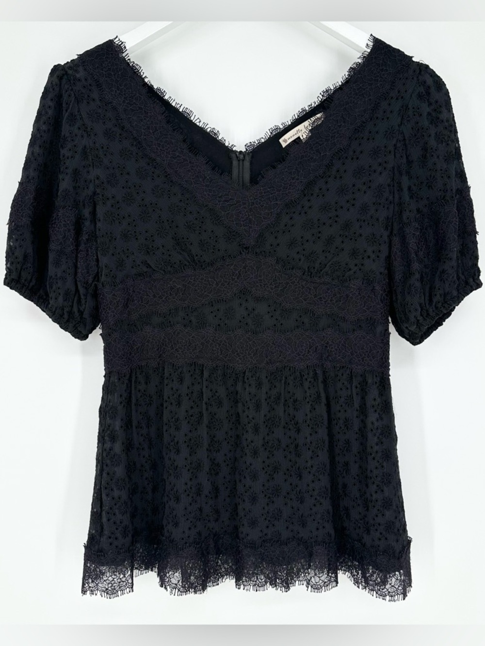 Nanette Lepore Black 100% Silk Top Lace V-Neck Peplum Puff Sleeve